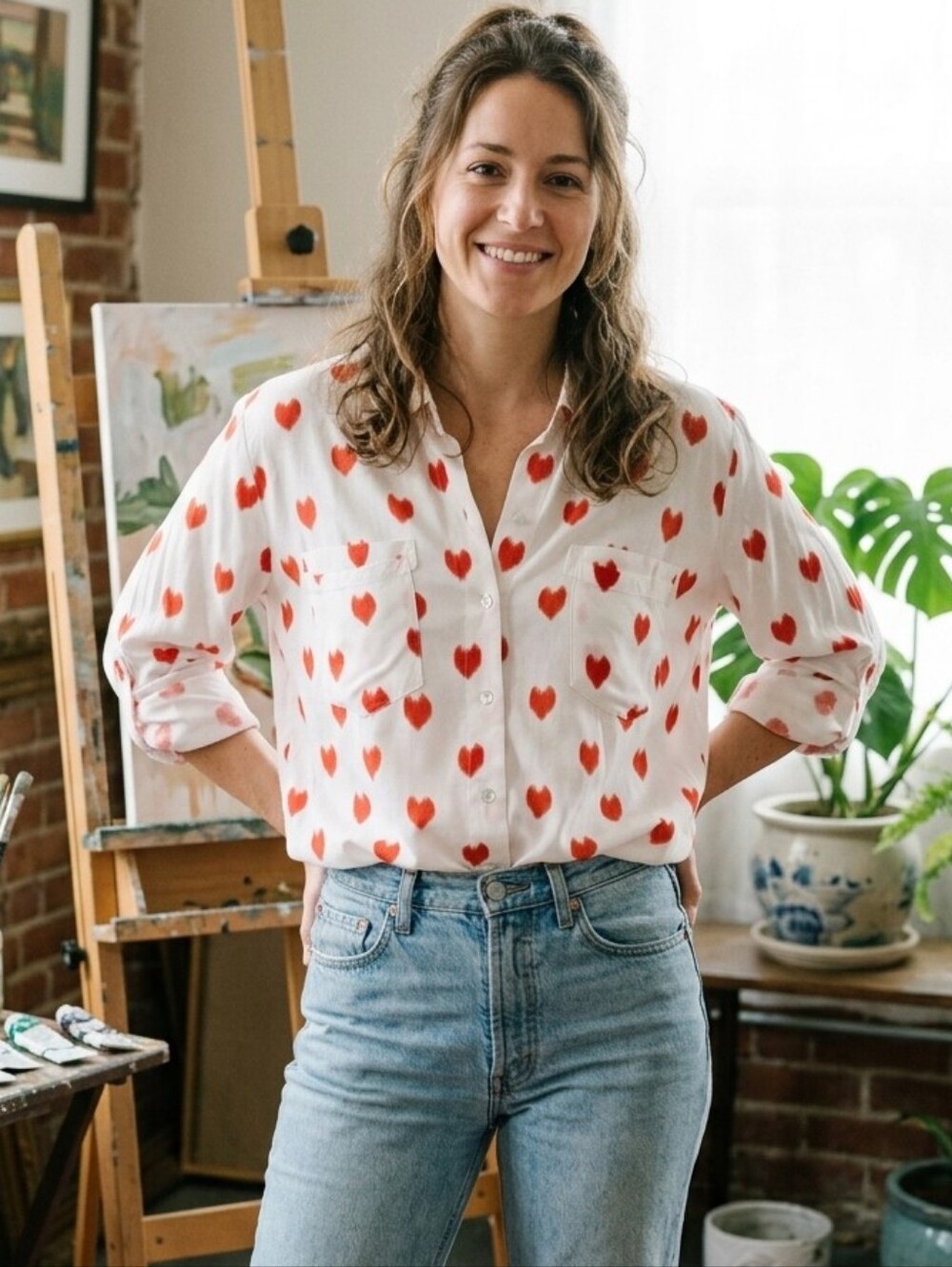White Button-Up Shirt with Red Heart Print